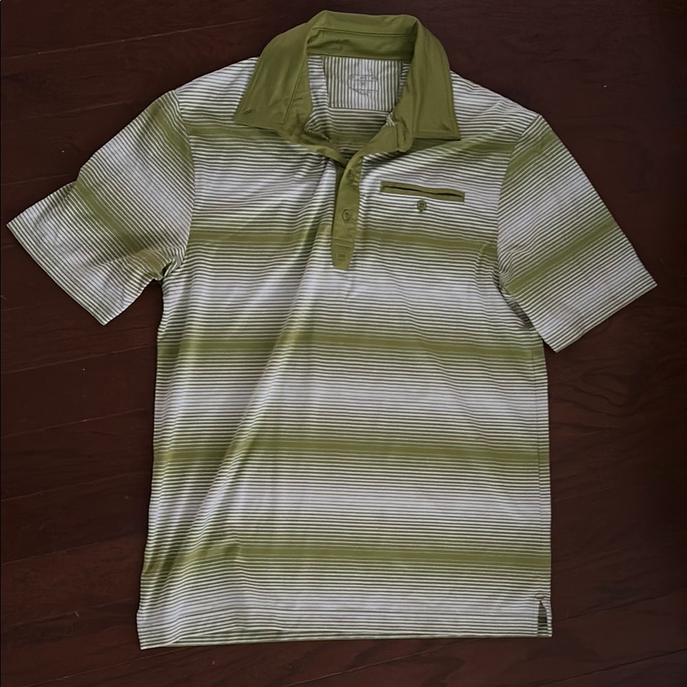 OGIO Green and White Striped Polo Shirt with Classic Collar